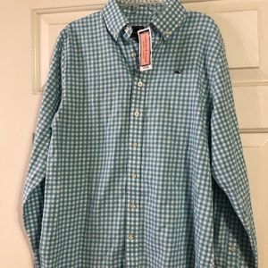 Vinyard Vines 100% cotton flannel whale shirt blue gingham size boys L (16) NWT